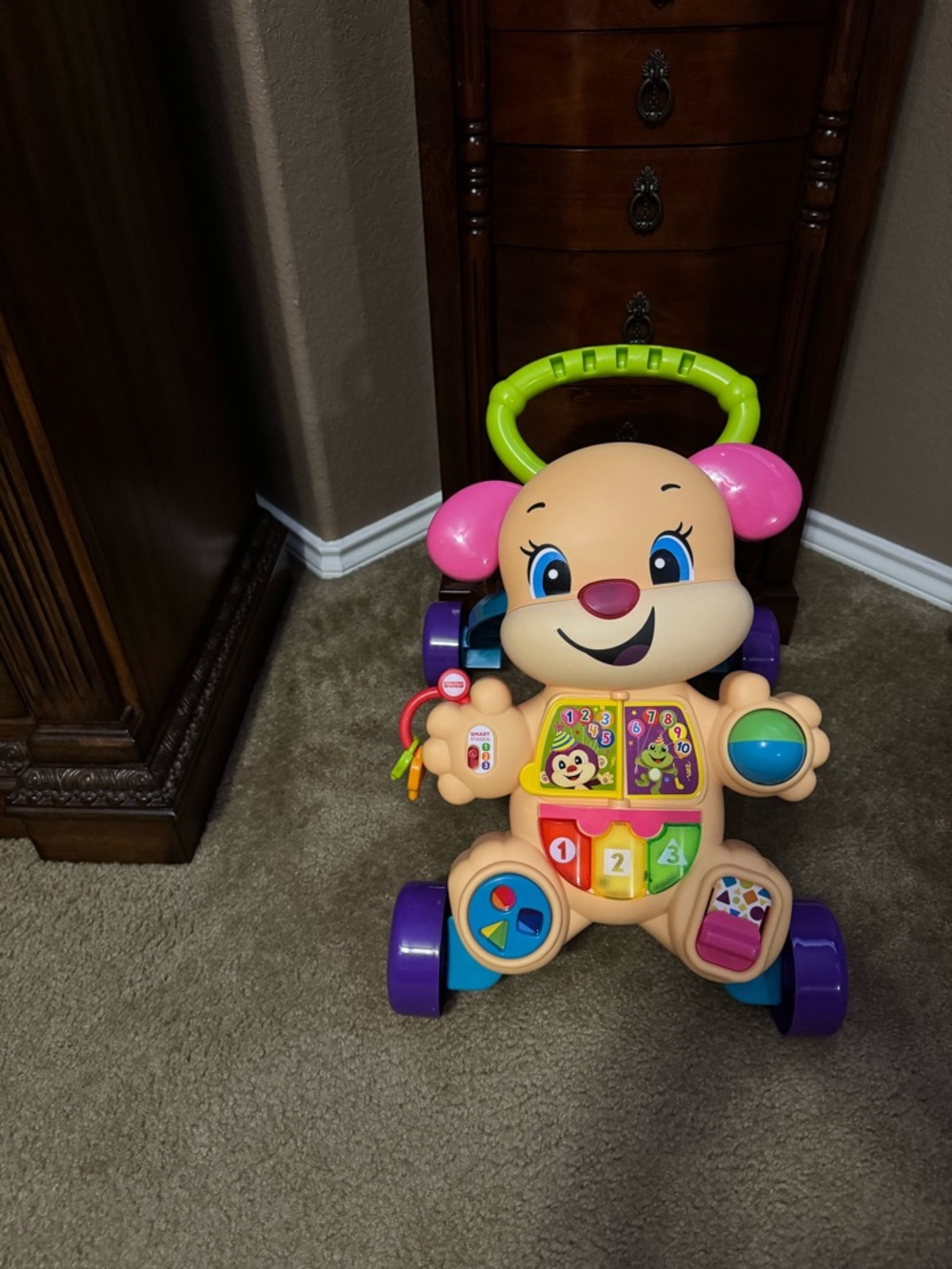 Fisher-Price Peach Puppy Push Walker with Pink Ears and Green Handle